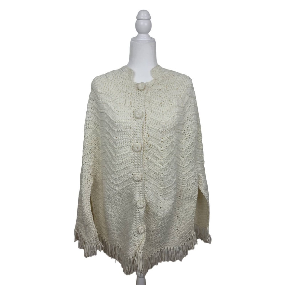 Knitted One-of-a-Kind Boho Cream White Sweater Poncho Cape 3-Button One SIze